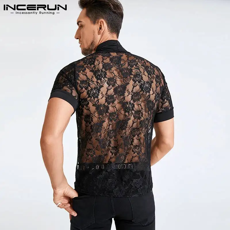 2024 Мужская футболка INCERUN сетчатая кружевная Прозрачная Сексуальная водолазка с