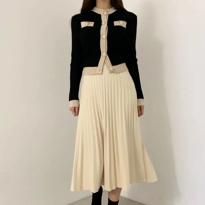 

Korean Chic Vintage Knitted 2 Piece Set Women Crop Top Pearl Buttons Sweater Cardigan + Pleated Long Skirt Suit Two Piece Set