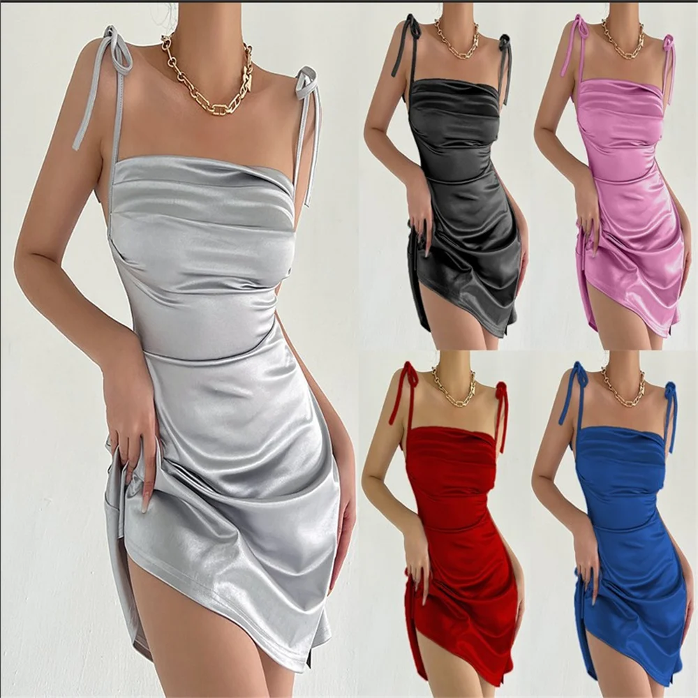 

Dress Of Fashionable Tide Of Spring Summer New Fund Is Lubricious Ding Pure Color Drape Of One Word Shoulder Bind Belt Condole B