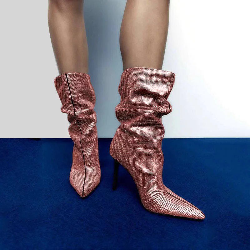 

Женские ботинки до середины икры с острым носком, блестящие разноцветные ботинки на высоком каблуке без шнуровки, зимние ботинки