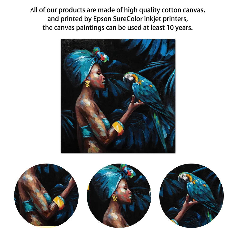 Винтажные декоративные картины Африканская женщина играют в попугая холст