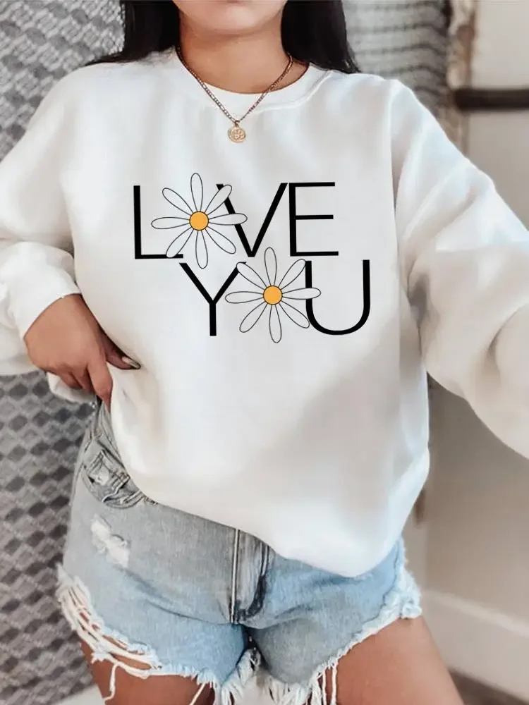 

Letter Style Flower Floral Trend Long Sleeve O-neck Fleece Print Pullovers Fashion Clothing Female Women Graphic Sweatshirts