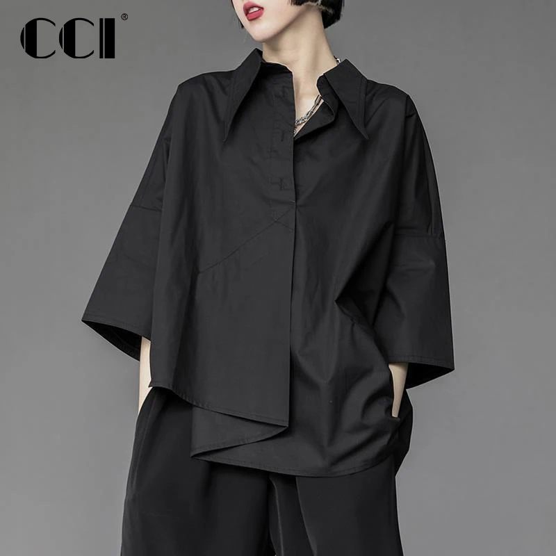 

CCI Fashion Design Woman Blouses 2022 Loose Three-quarter Sleeve Black Shirts Women's Irregular Female Clothing WQT028