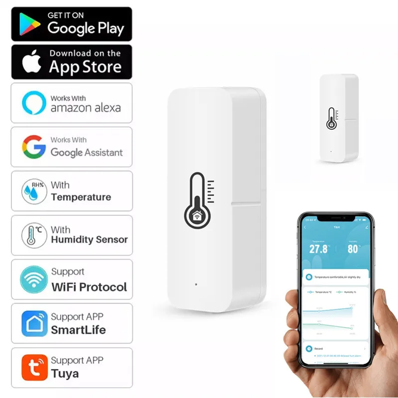 

Датчик температуры и влажности Tuya Wi-Fi, комнатный гигрометр-контроллер для умного дома, приложение для мониторинга, для Alexa Google Home Assistant