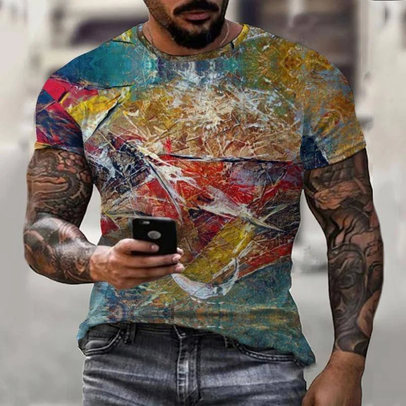 

New colorful graffiti men's new summer 0-neck men's T-shirt 3D men's fashion street casual retro tops short sleeves