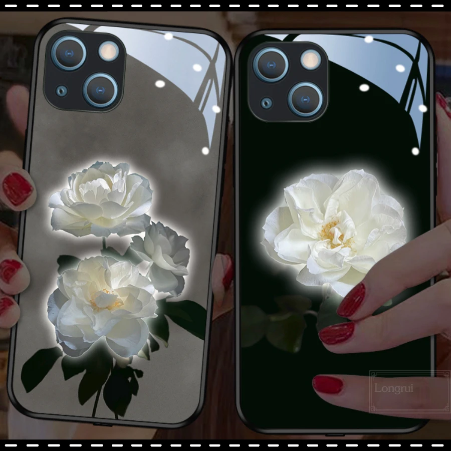 

3D Smog Camellia Flower Retro Phone Cover for IPhone 13 12 Mini XR 11Pro XS Max Women Glass LED Flash Case for IPhone 7 8Plus