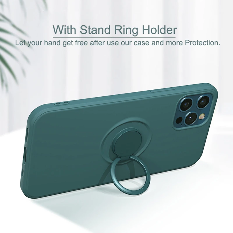 Soft Liquid Silicone Case For iPhone 13 12 11 Pro Max XS Mini X R XR 7 8 6 Plus iPhone12 iPhone11 Covers With Ring Holder Stand