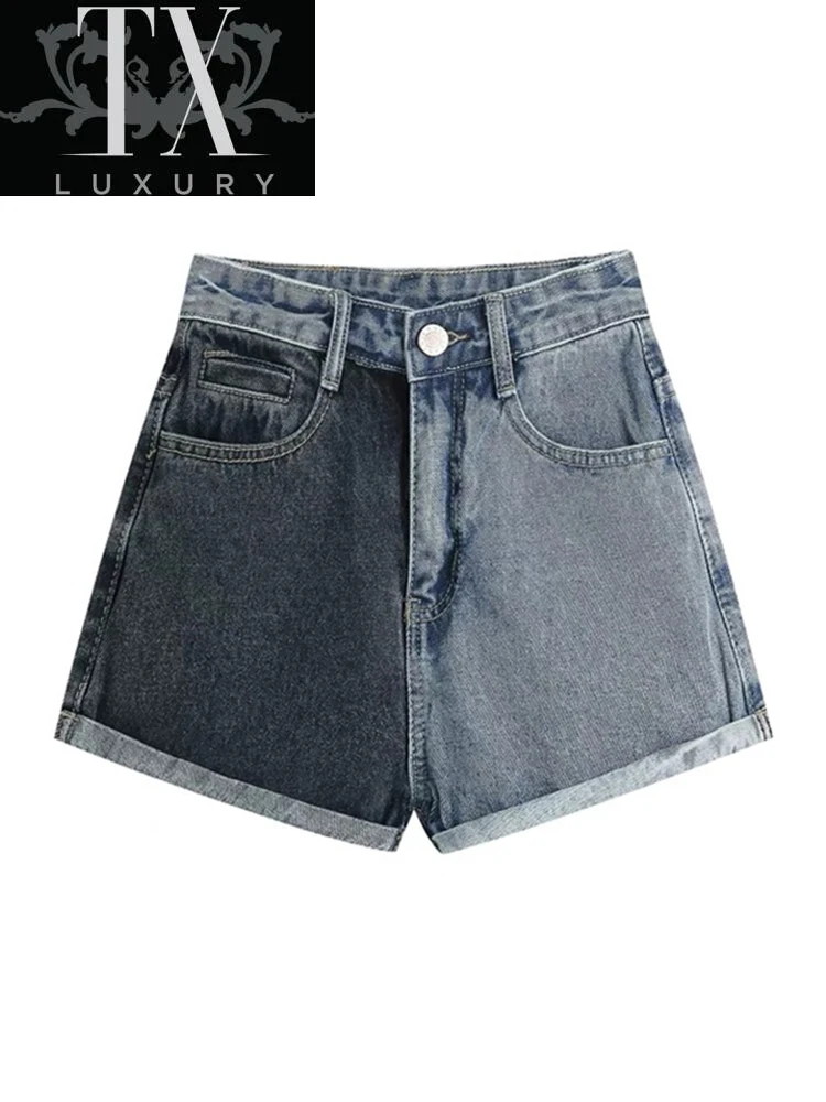 

Women's Denim Classic Chic Vintage High Waist Blue Patchwork Casual Wide Leg All-Match Female Summer Shorts Jeans