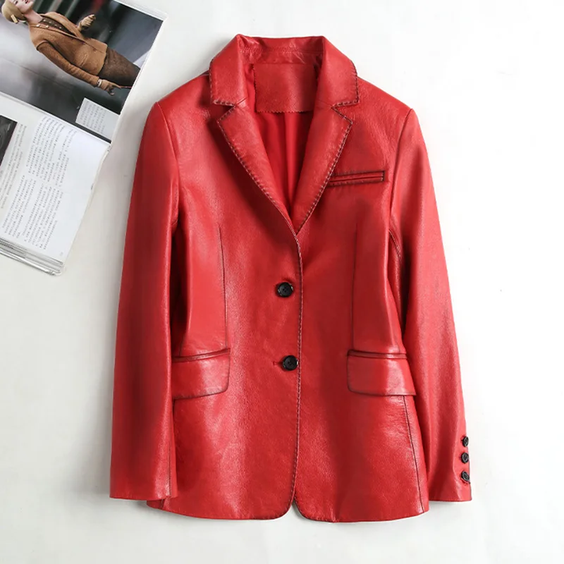 2022 Autumn New Leather Jackets Women Real Sheepskin Blazer Solid V-Neck Long Sleeve Coats CL4024