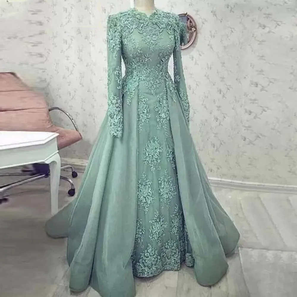 

Vestidos De Gala 2022 Turquoise Muslims Lace Evening Dresses Long Sleeve Appliques Arabic Special Occasion Formal Prom Gowns