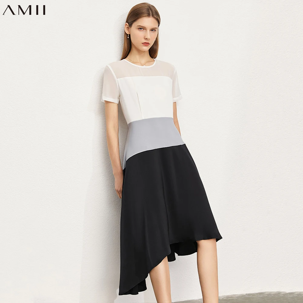 

Amii Minimalism Summer Dresses For Women Elegant Contrast Spliced Irregular Maxi Dresses Office Lady Oneck Aline Dress 12170424