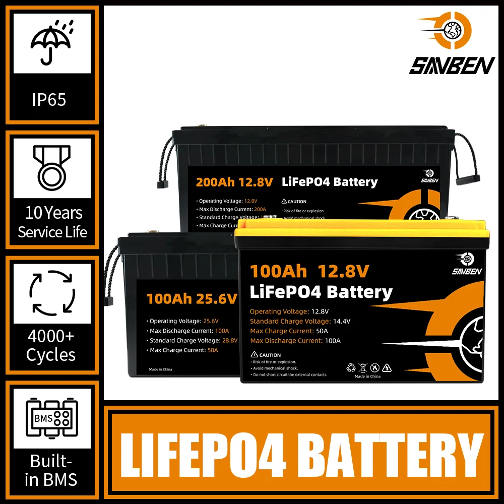 LiFePO4 Battery Pack 12V 24V 100AH 200AH Lithium Iron Phosphate Rechargeable Battery Built-in BMS for EV RV Boats Motor Forklift