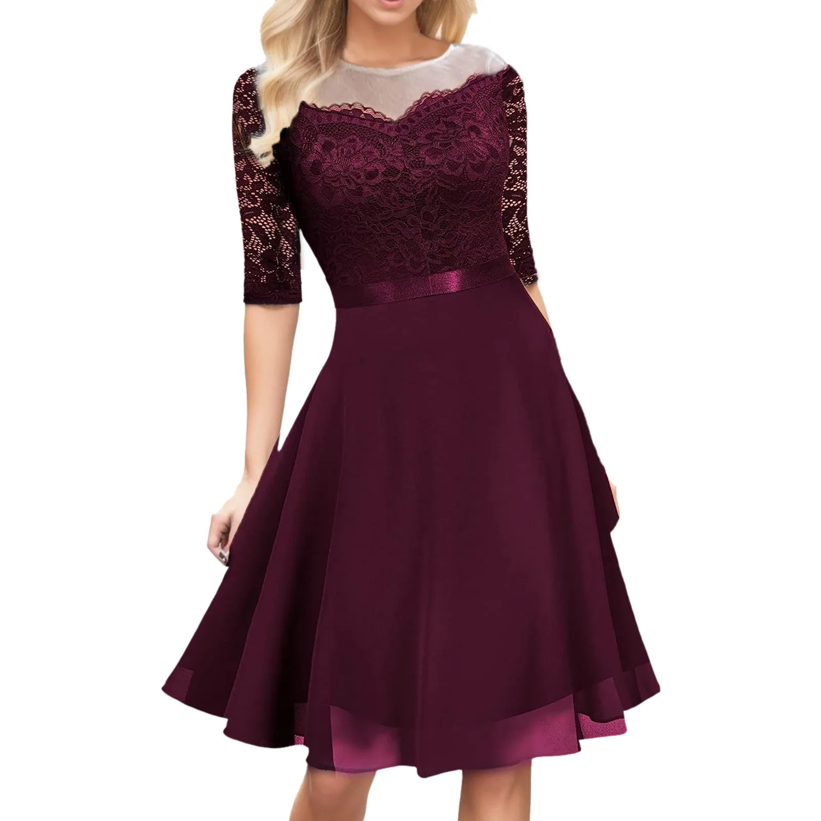 

Dresses For Women 2023 Vintage Floral Lace Short Sleeve Crew Neck Patchwork Cocktail Swing Dress Gown Party Dress платье женское