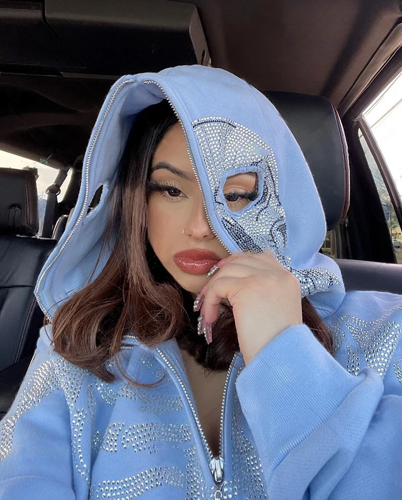

Skull Rhinestone Zip Up Hoodie Harajuku Hooded Sweatshirt Streetwear Hip Hop Gothic Oversized Women Jackets Coat Y2k Clothes