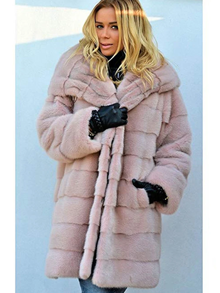 Women's Faux Fur Coat Winter Oversized Warm Streetwear Long Sleeve Hooded Overcoat Female Outerwear Plus Size Clothes