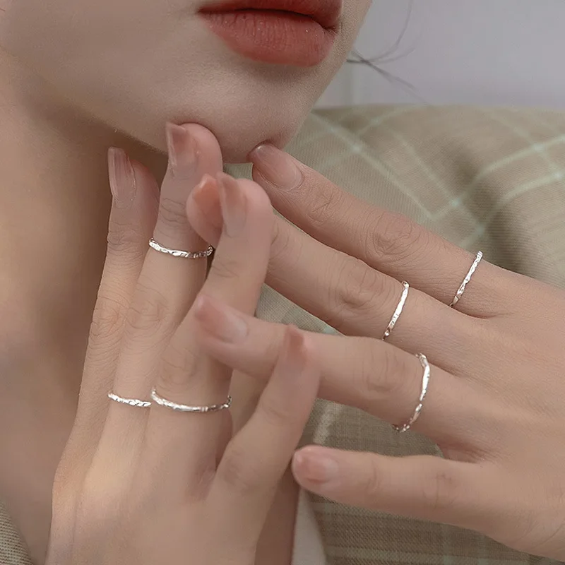 Real 925 Sterling Silver Irregular Ring Plain Circle Does Not Fade Simple Hammer Pattern Silver Ring Female Wedding Jewelry Gift