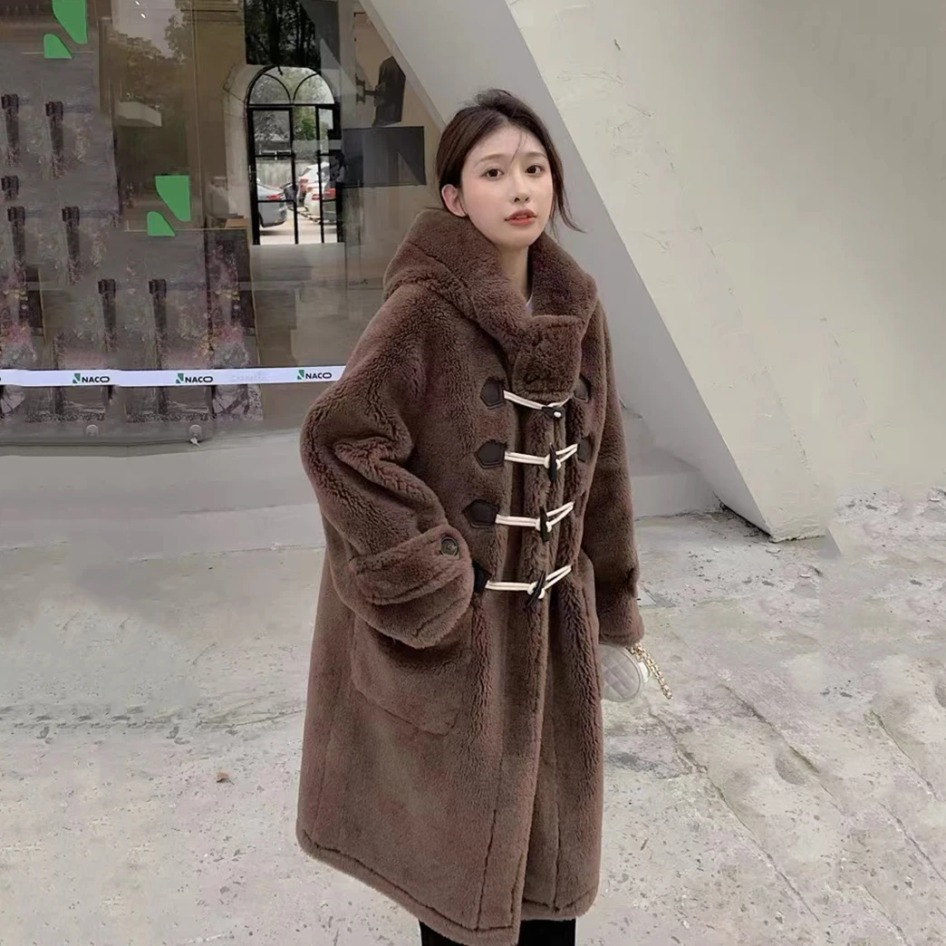 CARECODE Maternity Winter Wool Fur Coat Warm Cow Horn Button Lining Suede Women's Long Hooded Fleece Fur Coat Pregnant Clothes