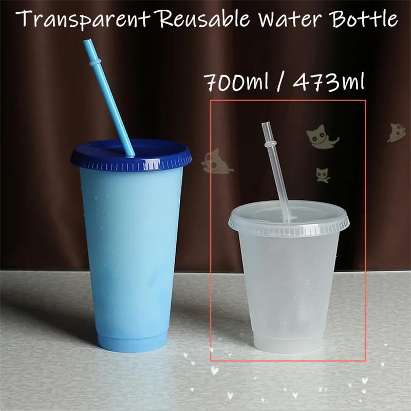 

5Pcs Transparent Reusable Water Bottle Temperature Color Changing Cup With Lid & Straw Plastic Cold Cup Sport Cold Water Bottle