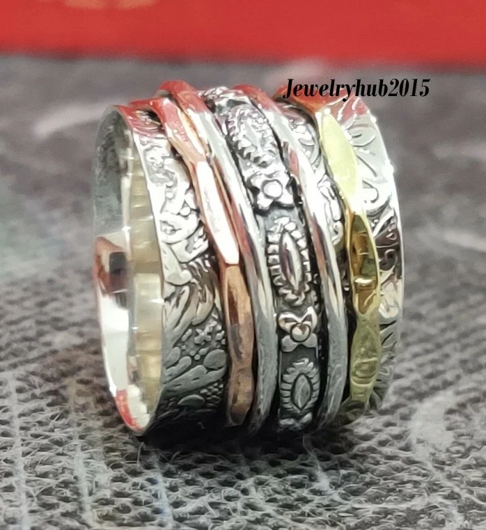 

ANGLANG Fashion Women Three Colour Ring Meditation Spinning Wide Engagement Wedding Band Rings for Female Party Jewelry Gifts
