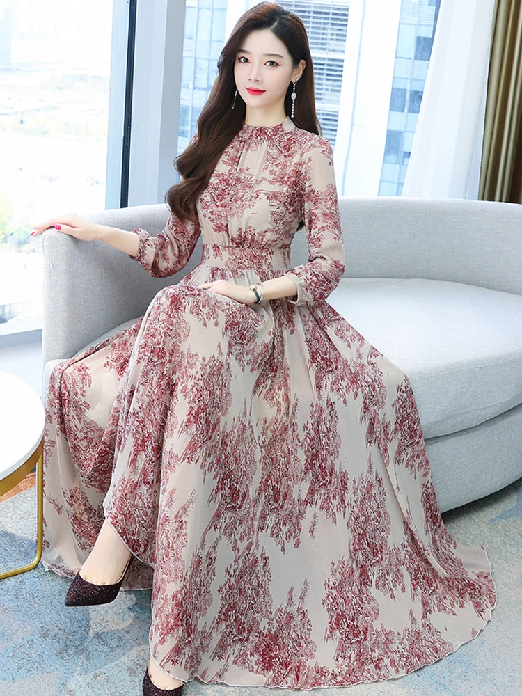 

2023 Spring Autumn Maxi Chiffon Women Prom Dress Casual Vintage Floral Long Sleeve Dresses Clothing Party Fashion Elegant Evenin
