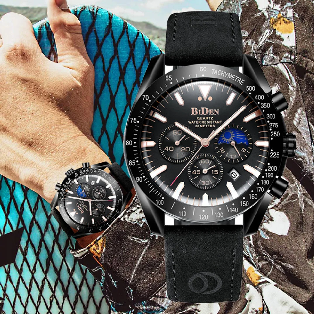 

Часы наручные BIDEN Мужские кварцевые с хронографом, брендовые Роскошные спортивные водонепроницаемые, с Лунной фазой