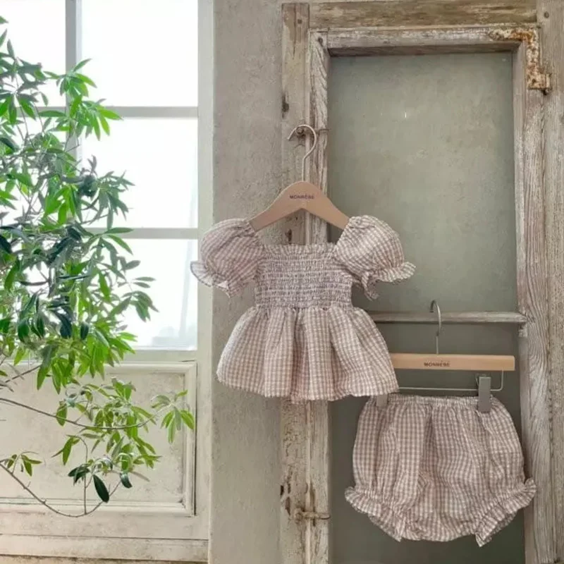 

Kids Toddlers Plaid Cotton Smocked Top Shorts Set 2023 Fashion Summer Baby Girl Clothes Set Design Bubble Sleeve Princess Dress