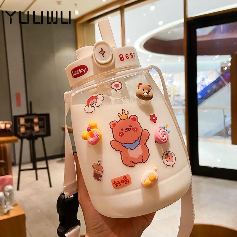 

1.5L Big Belly Sports Water Bottle with Straw 3D Portable Stickers Shaker Bottle for Female Summer Girls Cute Straw Water Bottle