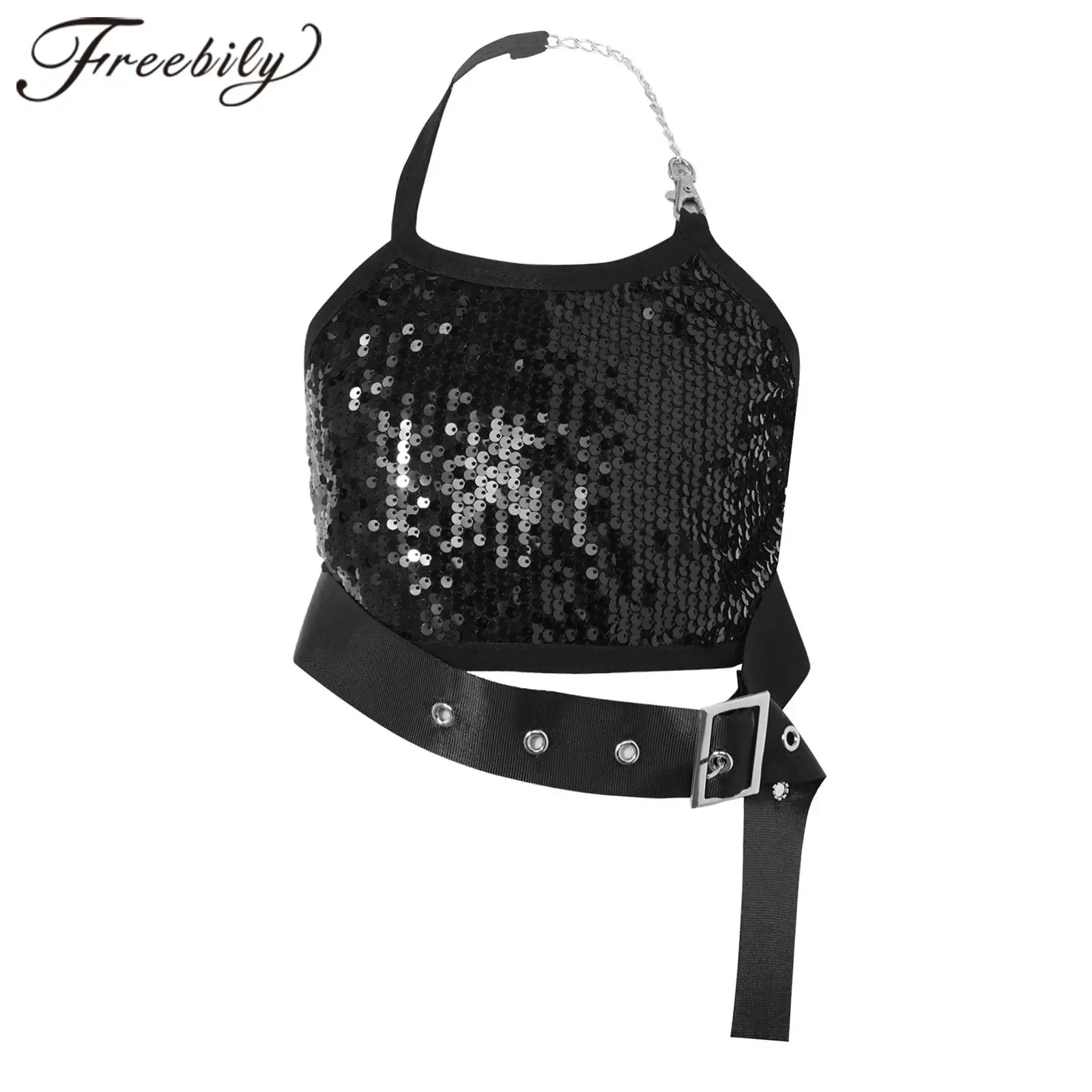 

Kids Girls Sleeveless Metal Chain Halter Neck Shiny Sequins Dance Crop Top Tanks for Dancing Vest Children Sequined Dance Top