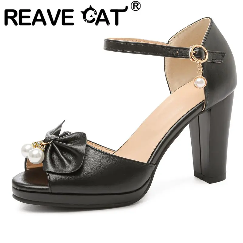 

REAVE CAT New Women Sandals Peep Toe Cover Heels Buckle Strap Bowknot Pearls Plus Size 32-43 Sweet Shoes Solid Pink Black S3911
