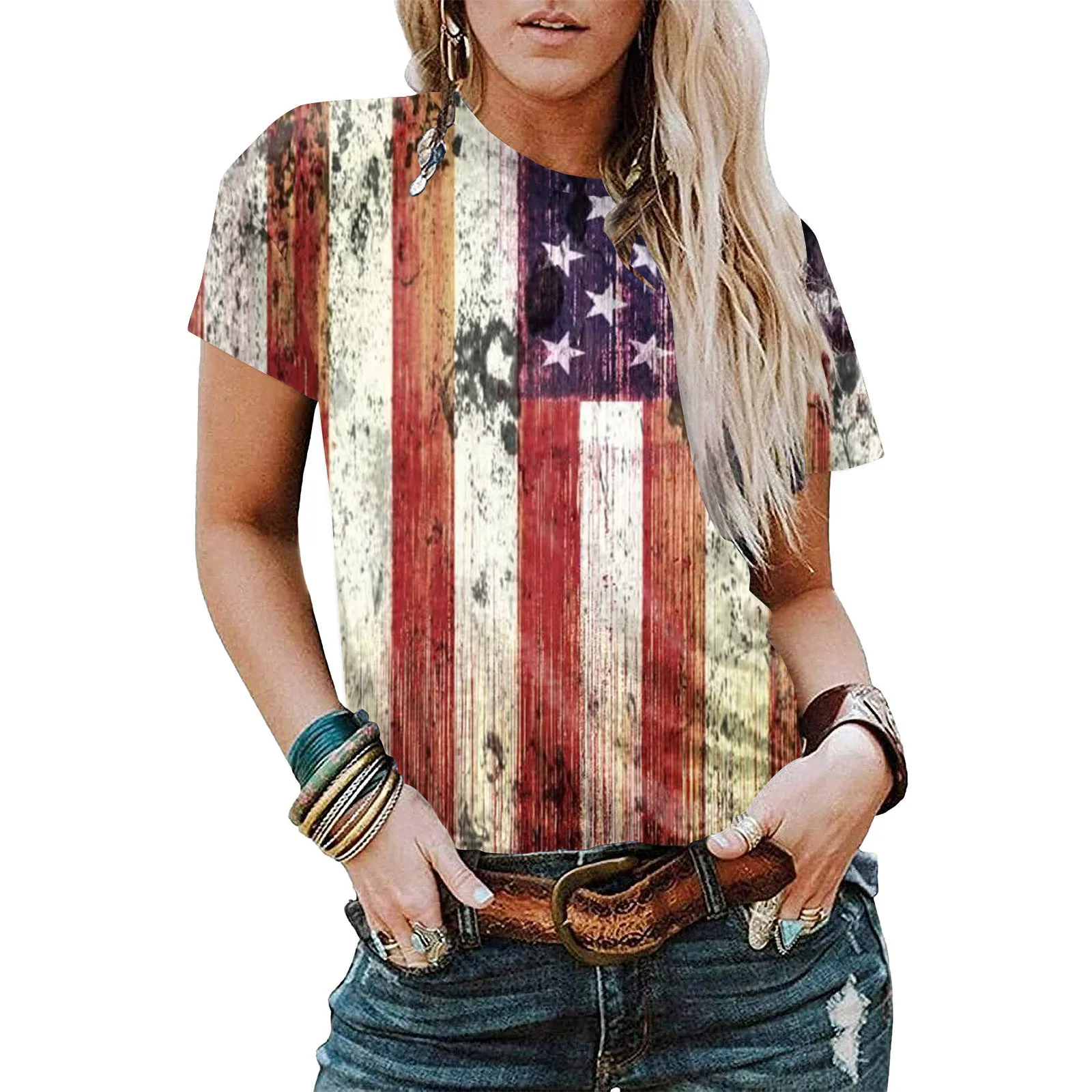 

Women'S Vintage Print Short Sleeve Round Neck Vintage Short Sleeve Summer Loose Tops Memorial Day Independence Day Tops Y2k