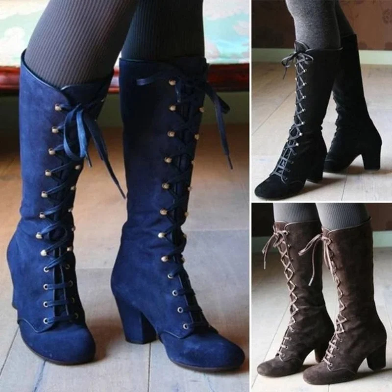 

Fashion Long Boots Women Black Boots Big Size 43 Knee High Women Casual Vintage Retro Mid-Calf Boots Lace Up Thick Heels Shoes