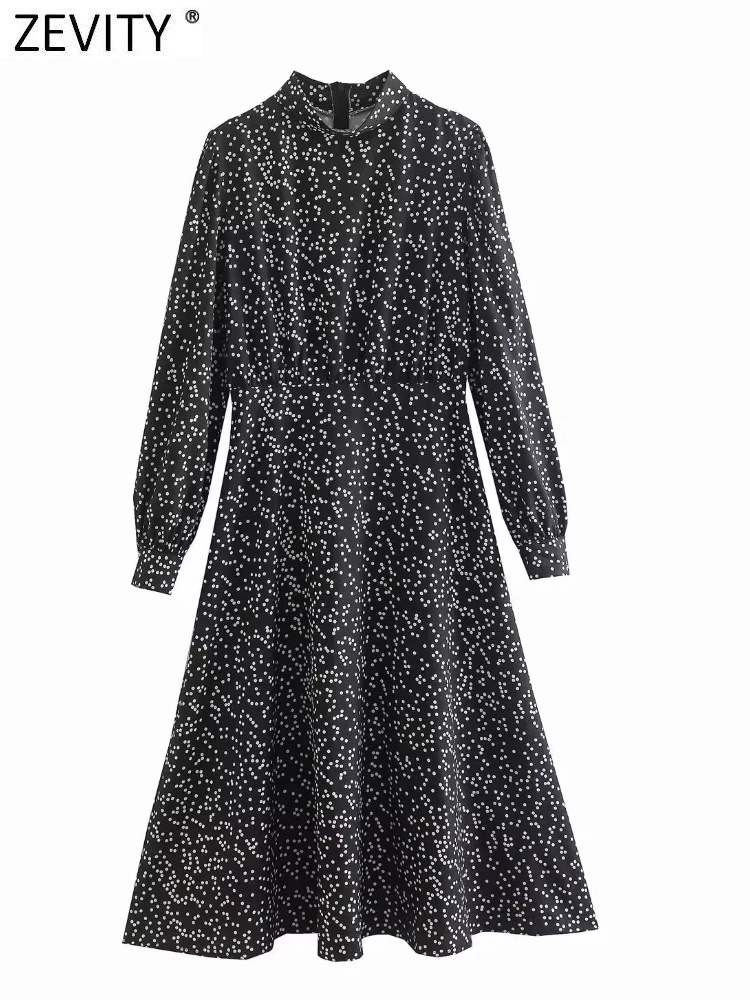 

Zevity 2022 Women Vintage Dots Print High Waist Midi Shirt Dress Female Chic Stand Collar Back Zipper A Line Vestidos DS2967
