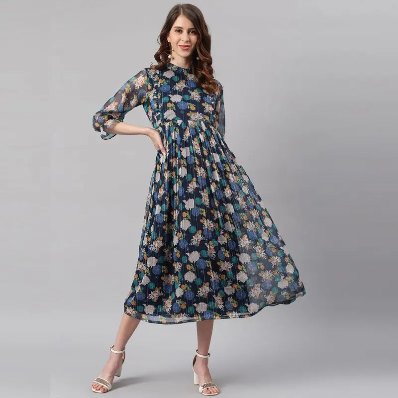 

2023 NEW 3/4 Sleeve Floral Navy Blue Poly Georgette Summer Midi Dress For Women