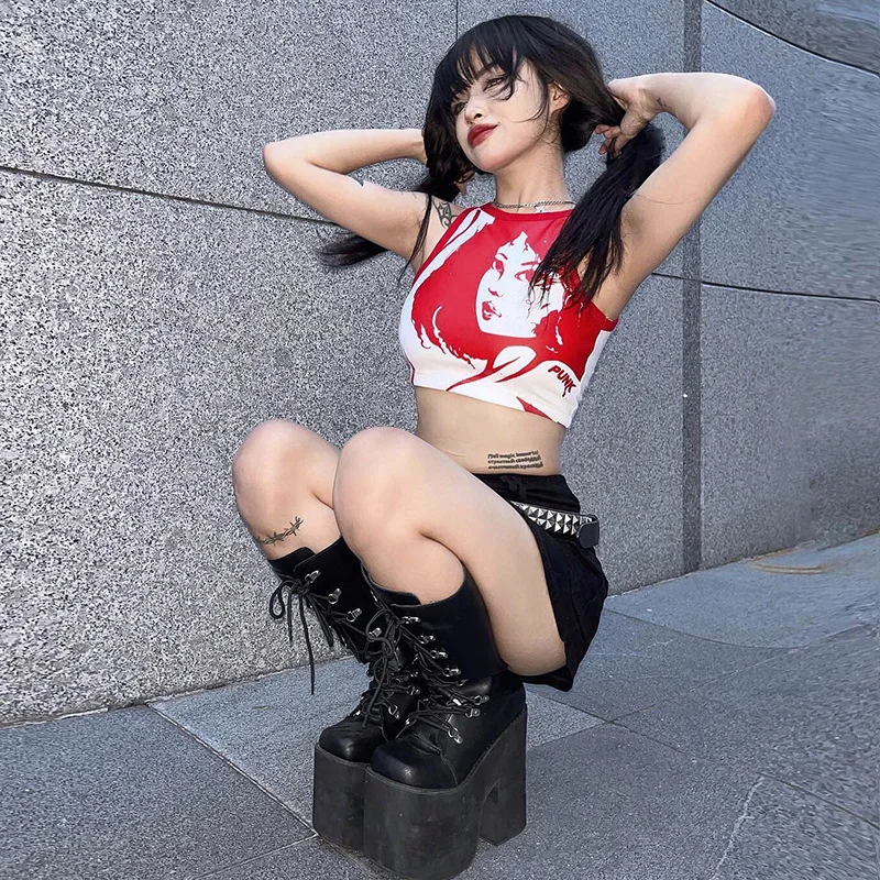 

Streetwear 2023 Women Print Contrast Color Graphic T-shirt Girl Sexy Crop Top Clothes Summer Tank Top Y2k Clothing Corset Top