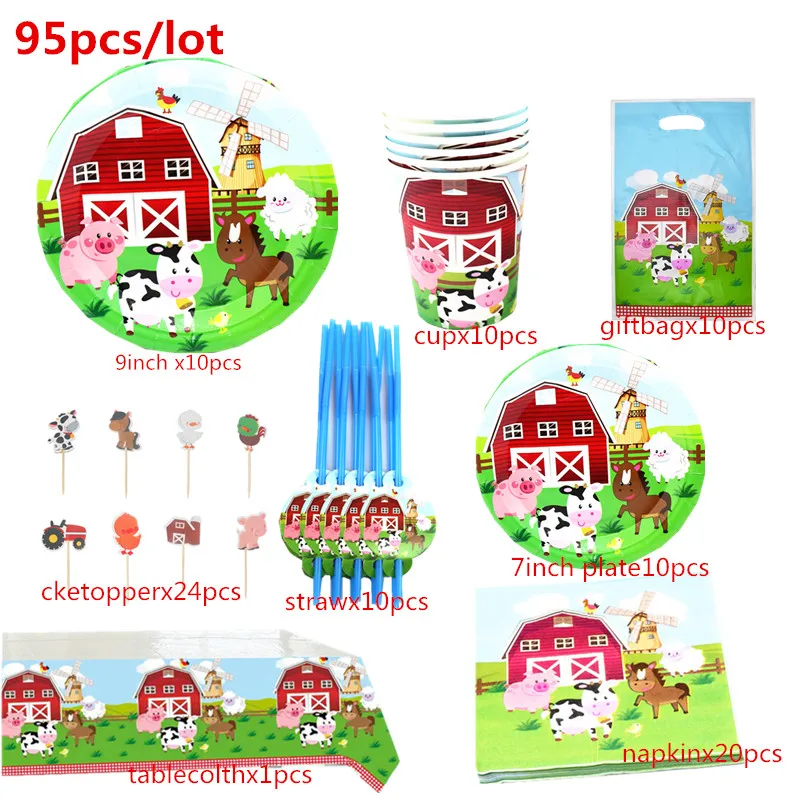

kids Birthday Themed Farm Animals party decor Tableware Set Plate Cup napkins Straw banner Party Props for 10-20people Supplies