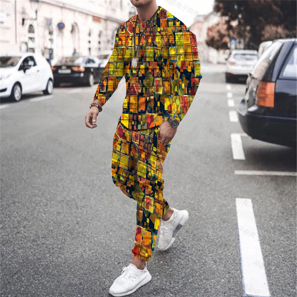 Autumn and Winter New Retro Oil Painting Grid Print Men's Sports Long Sleeve + Casual Fashion Trousers Fitness Plus Size Suit