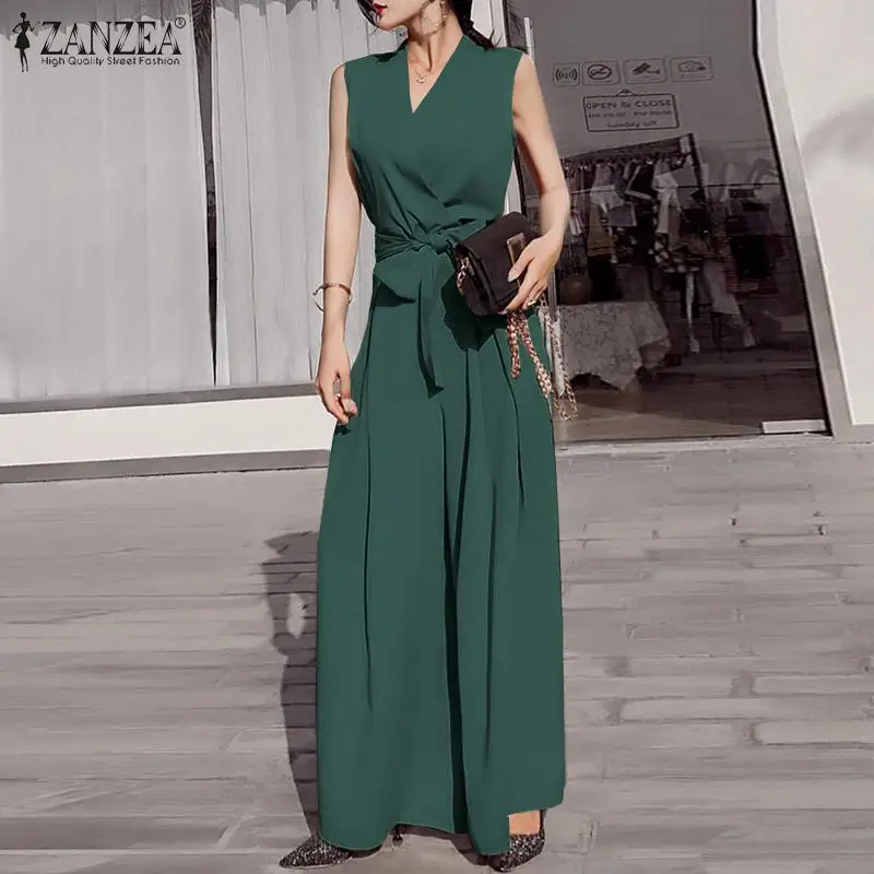 

Vintage Suspender Overalls Wide Leg Pants Female Solid Rompers Playsuits 2022 ZANZEA Summer Women's Sleeveless V-Neck Jumpsuits