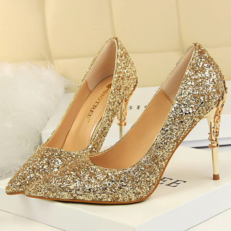 

2022 Women 9.5cm High Heels Fetish Pumps Lady Wedding Bridal Heels Catwalk Scarpins Clubwear Gold Sequins Glitter White Shoes