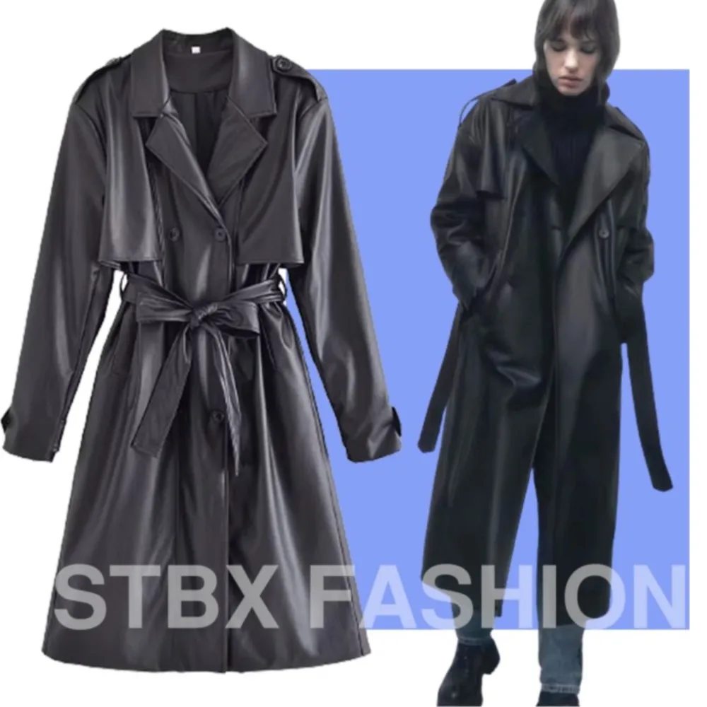 

Women's Spring Brand New Casual Faux Leather Trench Coat Vintage Fashion Chic Belted Lapel Lengthen Overcoat Slim Solid Jacket