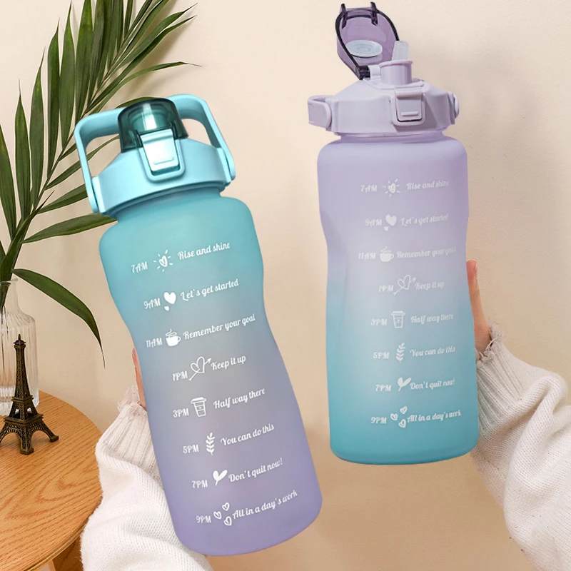 

2L Large Capacity Water Bottle Straw Cup Gradient Color Plastic Water Cups With Time Marker Outdoor Fitness Sports Bottle