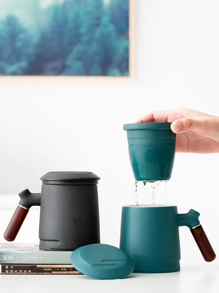 

Tea Water Separation Filter Ceramic Mark Cup Tea Water Separation Wooden Handle Practical Filter Residue Coffee Mug with Lid