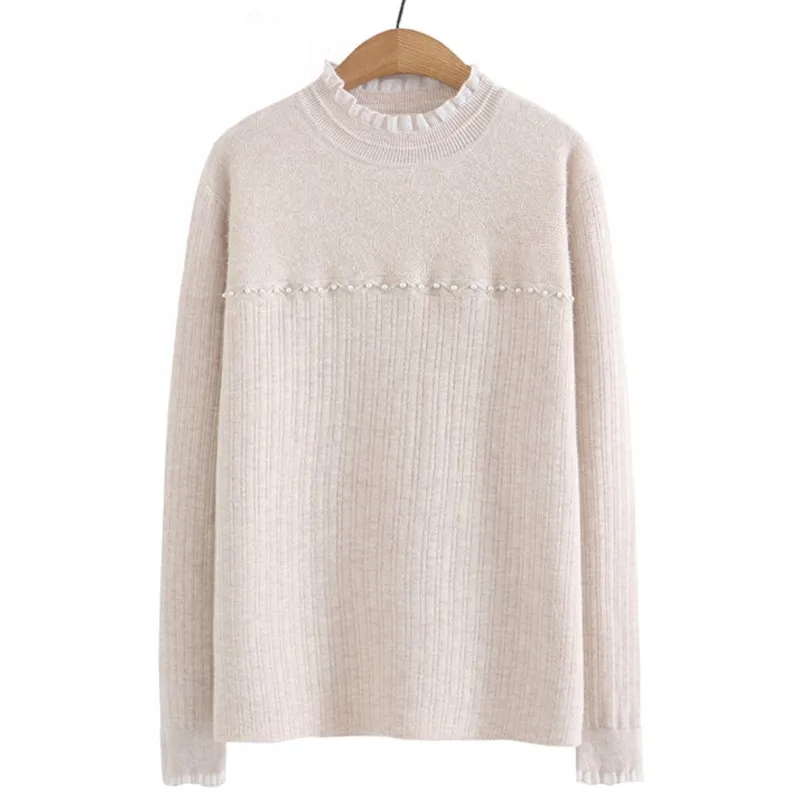 

4XL Plus Size Basic Sweater Women Autumn Winter Ruffled Edge Mock Neck Fleece Warm Slim Jumpers Fashion Beading Knitted Pullover