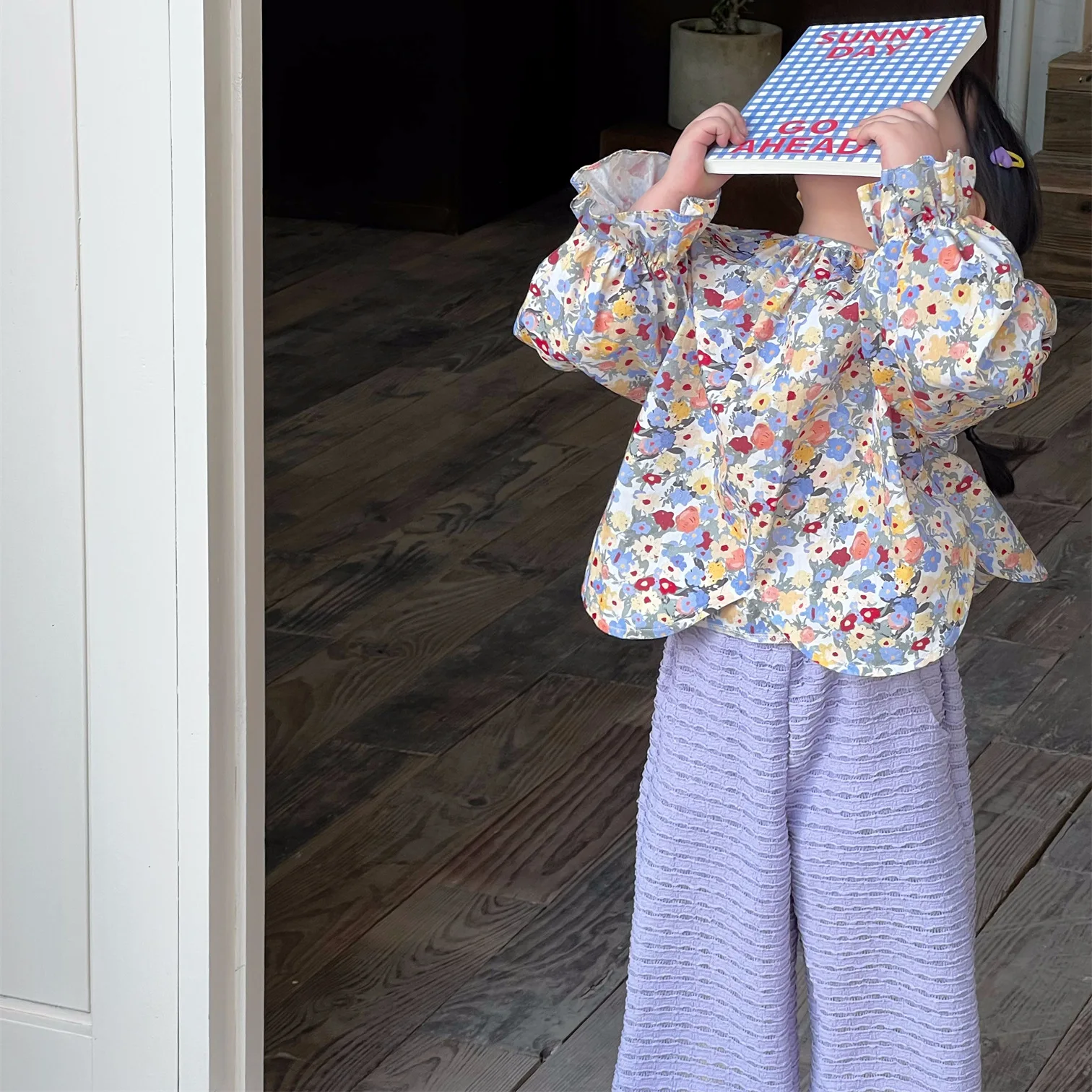 

Sweet Girls Shirts Set Floral Print Flare Sleeve Loose Cotton Shirts+Solid Striped Print Wide Leg Pants Spring Fashion Kids Suit