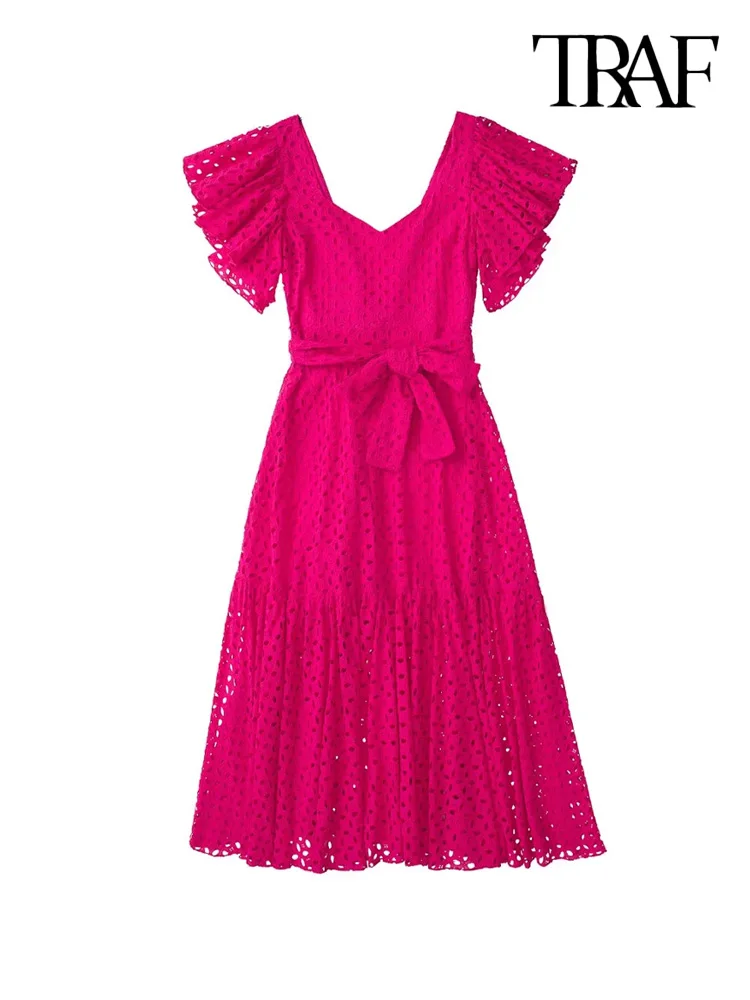 

TRAF Women Fashion Tied Belt Cutwork Embroidered Midi Dress Vintage Straight Neck Short Ruffled Sleeves Female Dresses Mujer