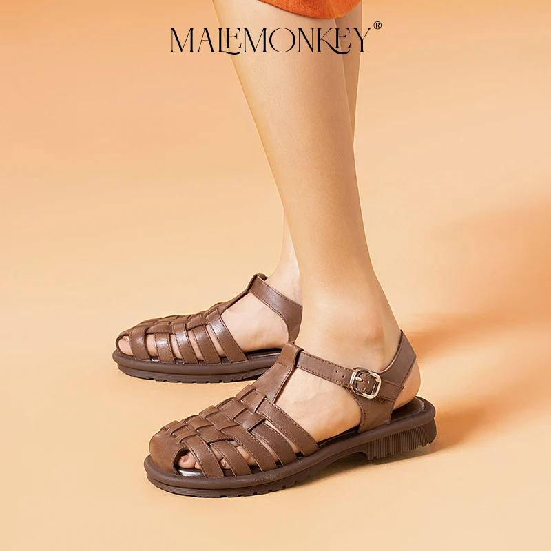 MALEMONKEY Weave Sandals Women Genuine Leather Outdoor Breathable Roman New Casual Solid Color Summer Ladies Flat Shoes Handmade