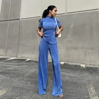 women slim short sleeve high neck t shirt with pleated wide leg pants outfit ladies summer fashion clothes set