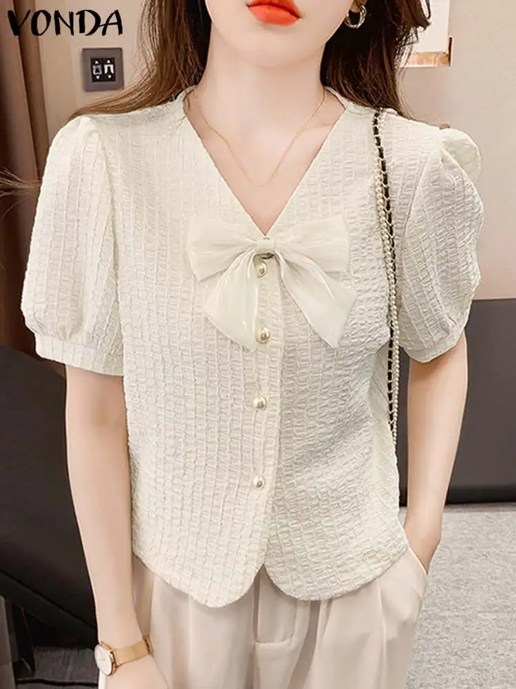 

Summer Blouses VONDA Women Shirts Casual 2023 Sexy V-Neck Loose Short Sleeve Buttons Down Bow Blusas Femme Solid Color Top Tunic