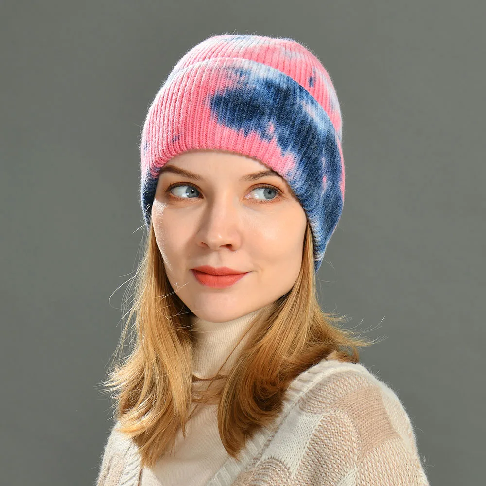 

Jaxmonoy Women's Winter Acrylic Beanie Hat Fashion Tie-dye Design High Elasticity Autumn Warm Bonnet 2022 New Style Female Cap