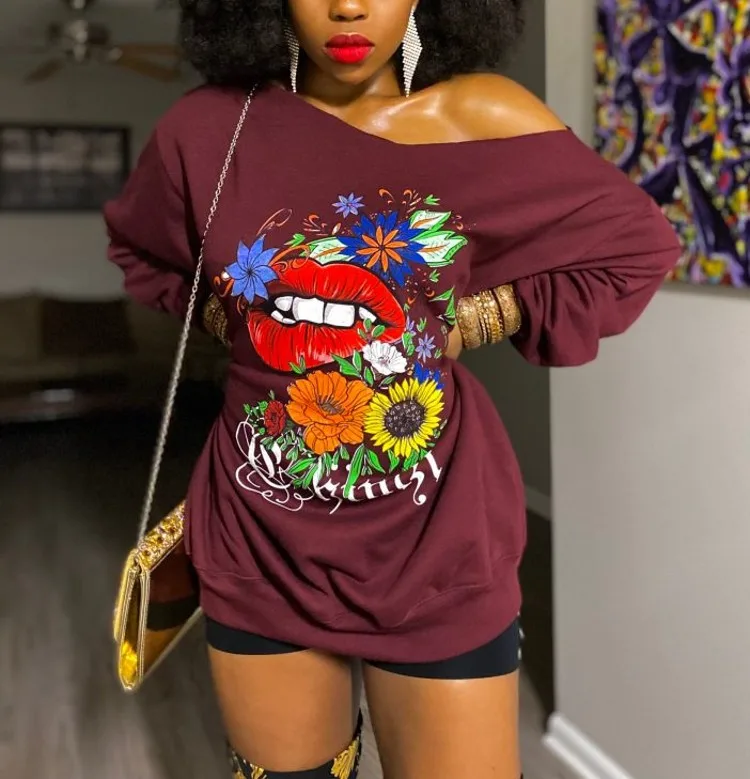 

2022 Autumn And Winter New Women's Sweater Off Shoulder Printed Long Sleeve Medium Length Sweater