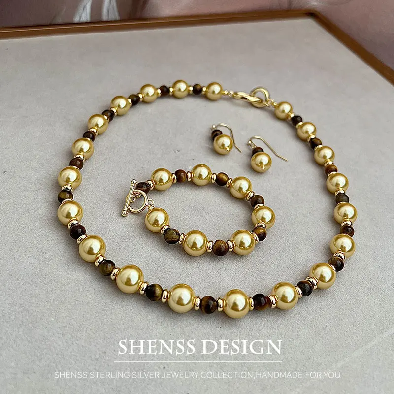Ожерелье с имитацией жемчуга и камнем кошачий глаз 10 мм ожерелье из меди золота 14